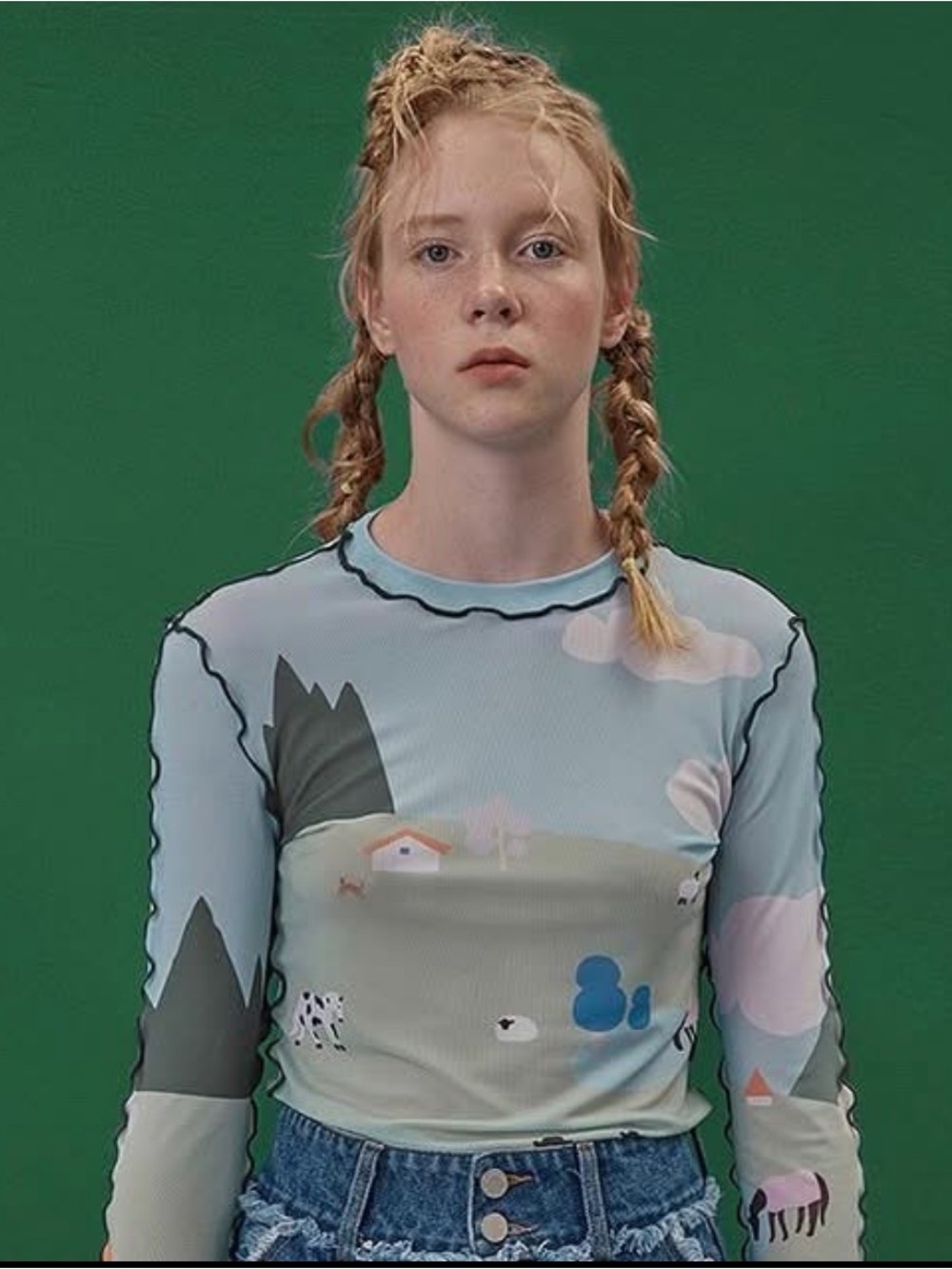Small Kina and Tam landscape mesh top Sheer Farm Print  - Light Blue/Green